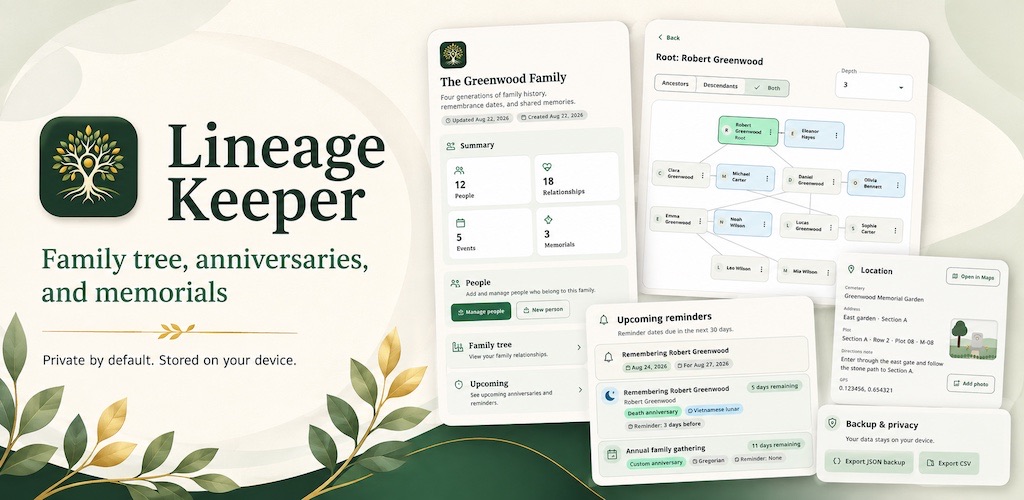 Lineage Keeper family tree and memorial app preview