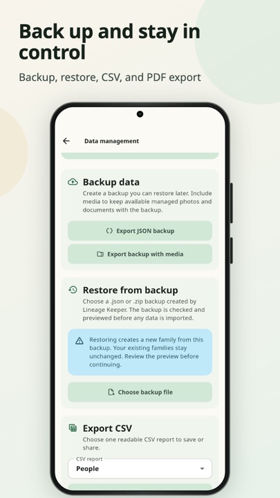 Lineage Keeper backup and export screen