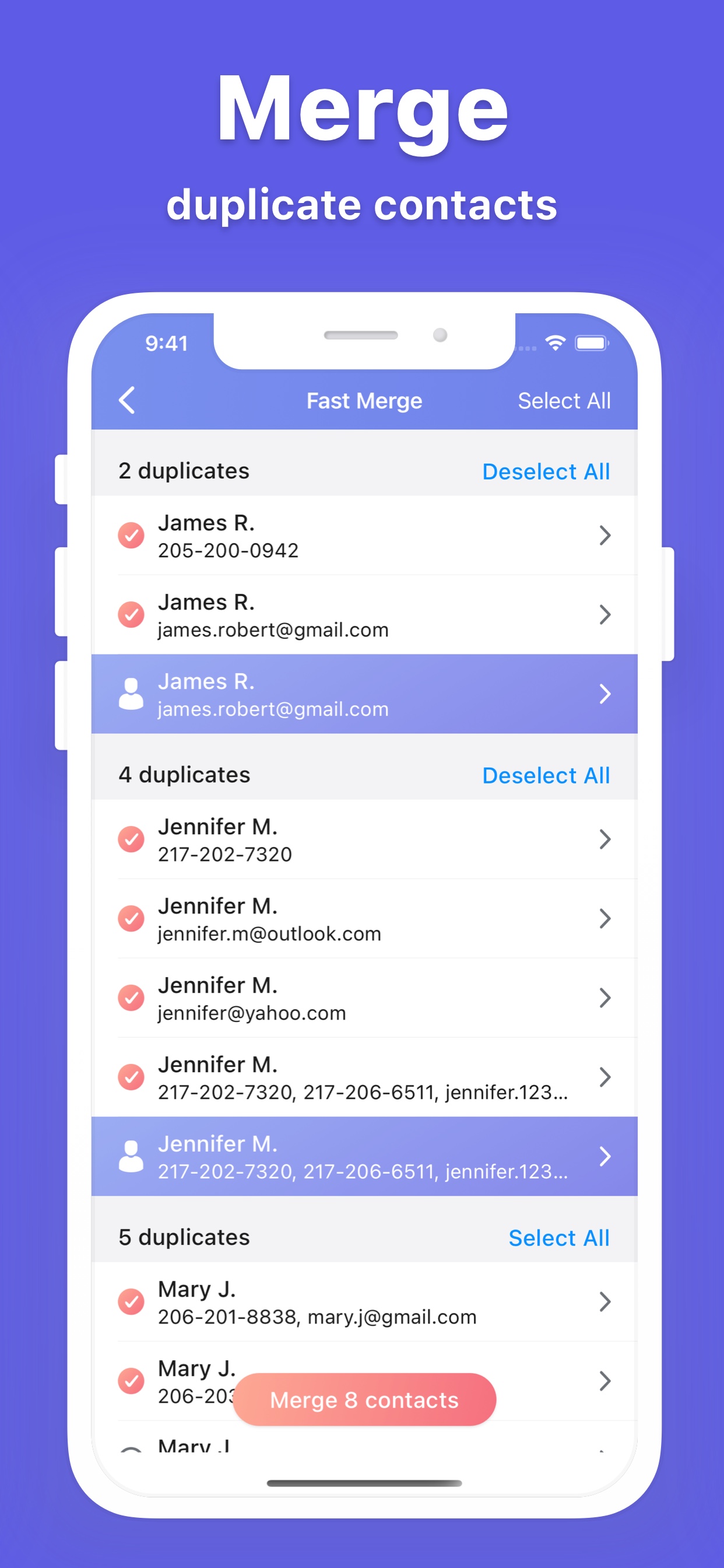 Phone Cleaner duplicate contacts screen