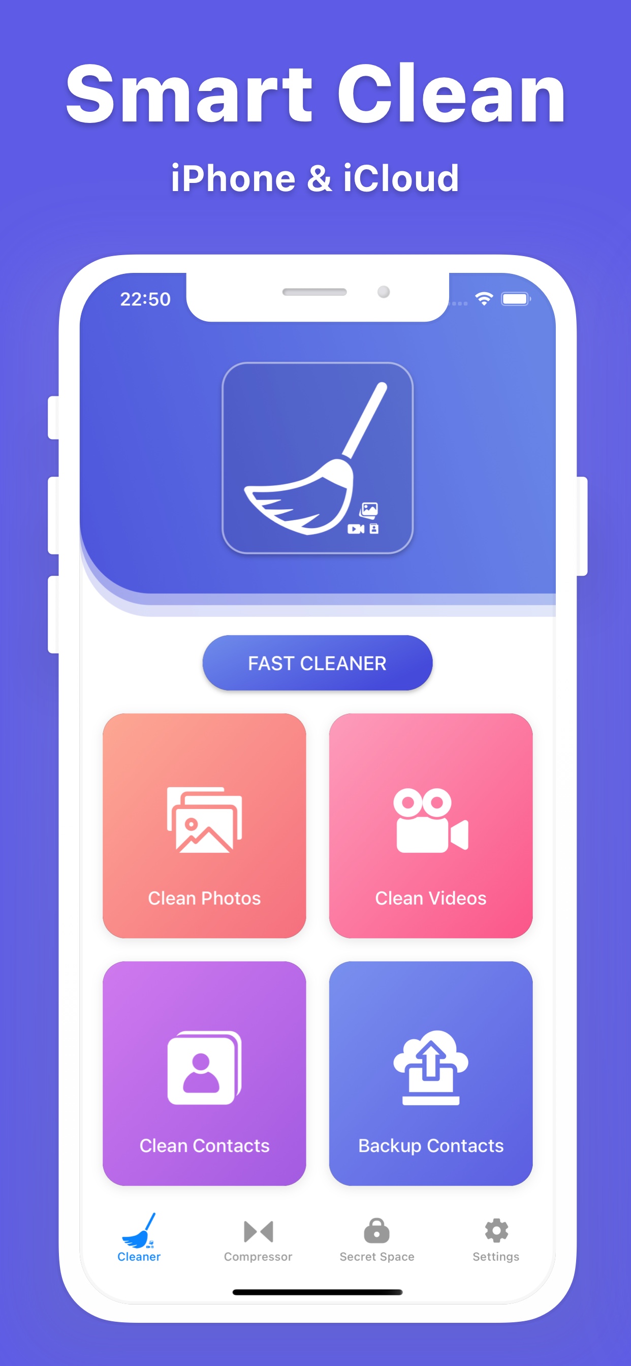 Phone Cleaner home screen with cleaning and contact tools
