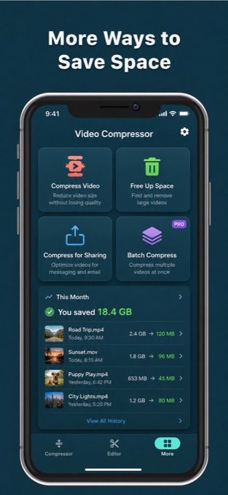 Video Compressor home screen with compression and storage tools